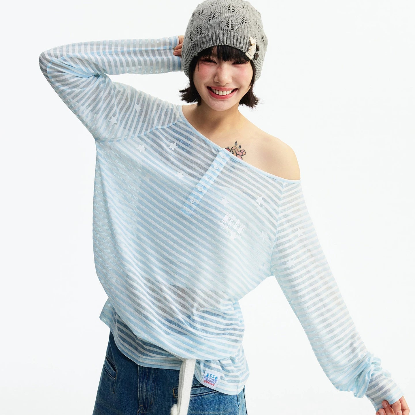 MEDM diagonal shoulder striped star casual lazy long sleeved T-shirt summer lightweight mesh breathable simple top for women