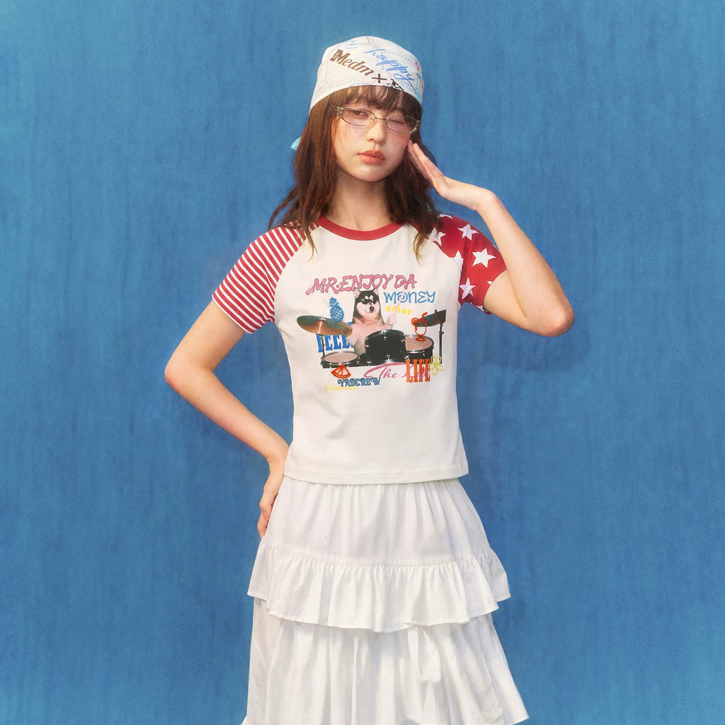 MEDMxYAD co branded cat and dog battle print pattern shoulder T-shirt cute letters three-dimensional loose short sleeved women