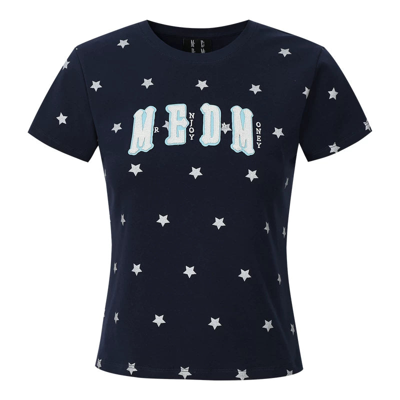 MEDM Little Fragrant Style Double layered Leather Shining Powder Full Star Printed Round Neck Short Sleeve American Retro Spicy Girl Style T-shirt Summer