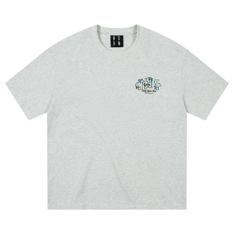 MEDM Flower Embroidery Short Sleeve T-shirt Pure Cotton China-Chic Youth Loose Fit T-shirt Hou Minghao Same Summer Fashion T