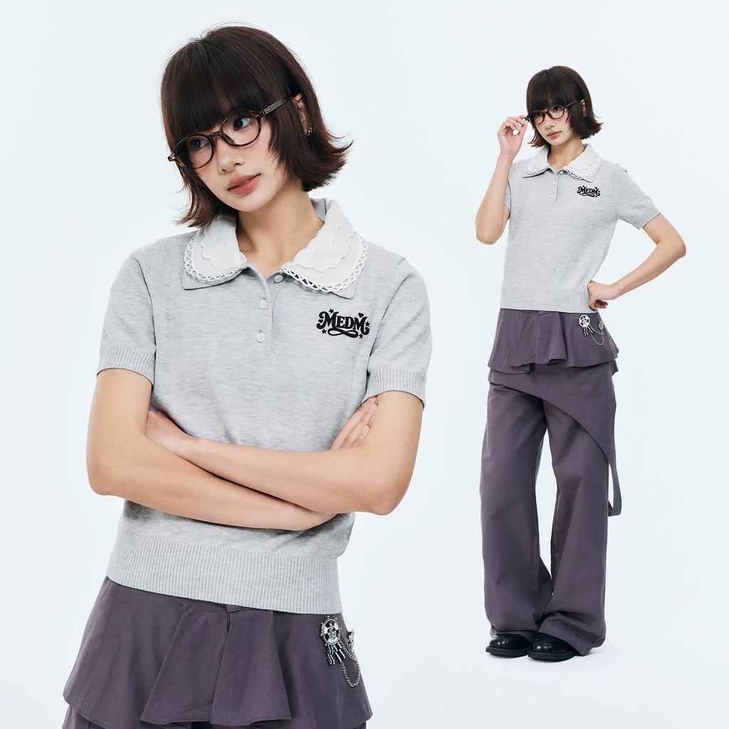 MEDM detachable lace collar casual knitted polo shirt simple and versatile sweet cool style loose short sleeved summer women
