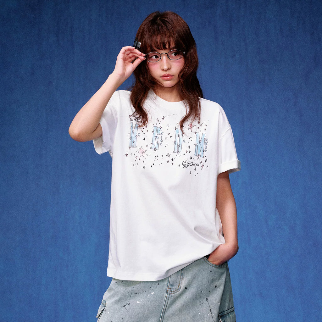 MEDM flower wreath, little angel print logo, star studded casual round neck short sleeved trendy loose couple T-shirt, summer