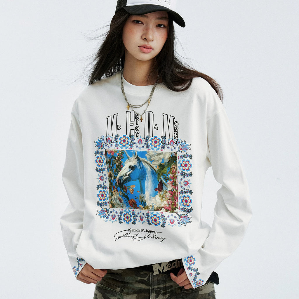 MEDM color floral print patch casual round neck long sleeved T-shirt 26 new trendy loose couple top for spring