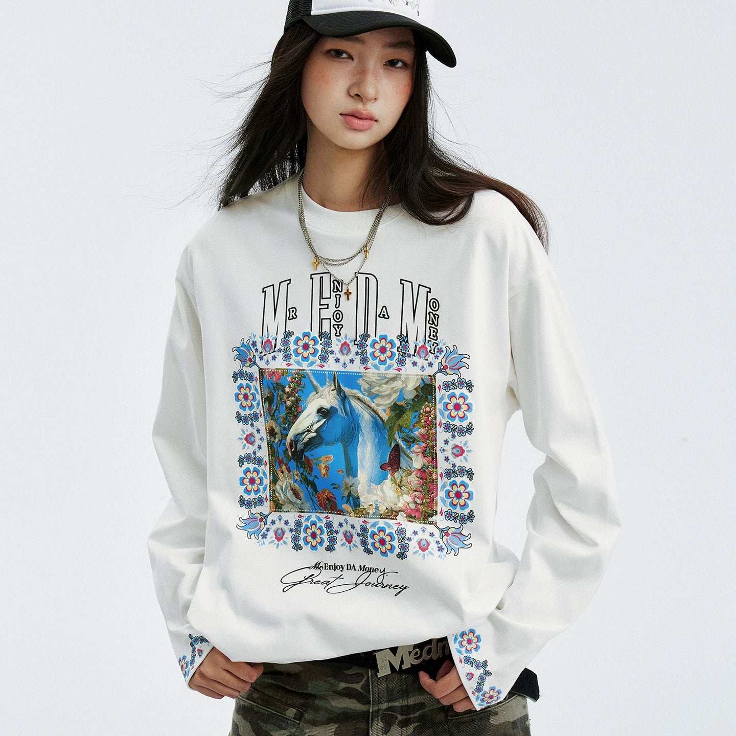 MEDM color floral print patch casual round neck long sleeved T-shirt 26 new trendy loose couple top for spring