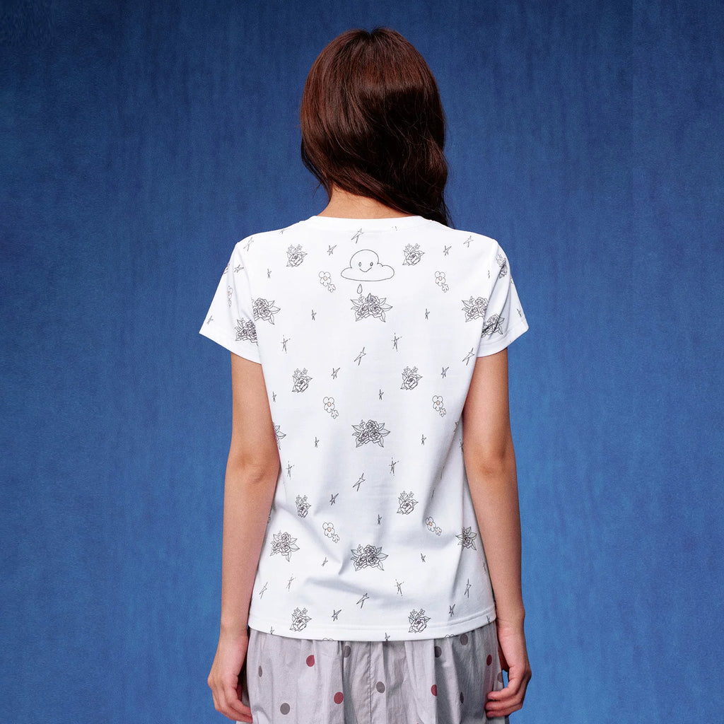 MEDM white floral wreath with little angel print casual round neck short sleeved shirt with full printed polka dot floral loose T-shirt for women, summer style