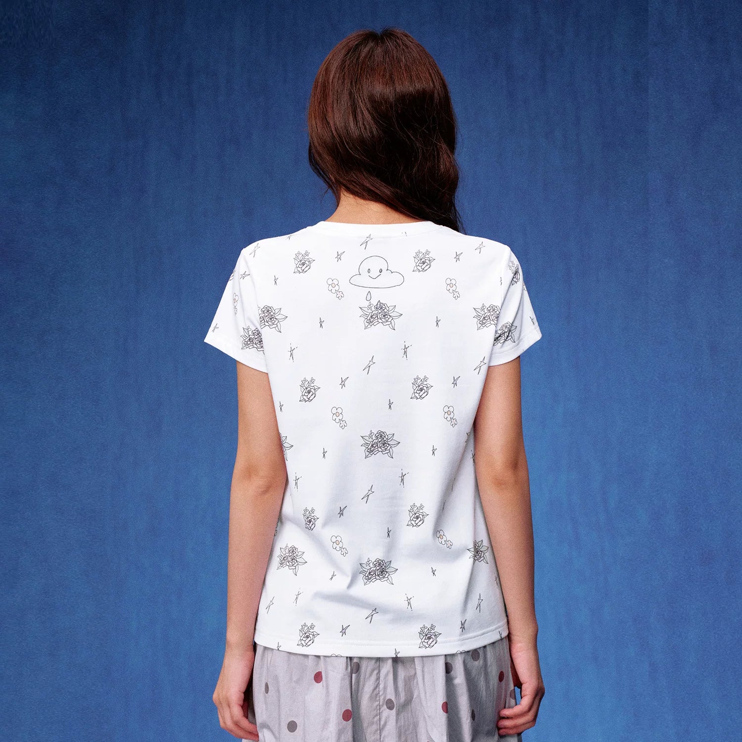 MEDM white floral wreath with little angel print casual round neck short sleeved shirt with full printed polka dot floral loose T-shirt for women, summer style