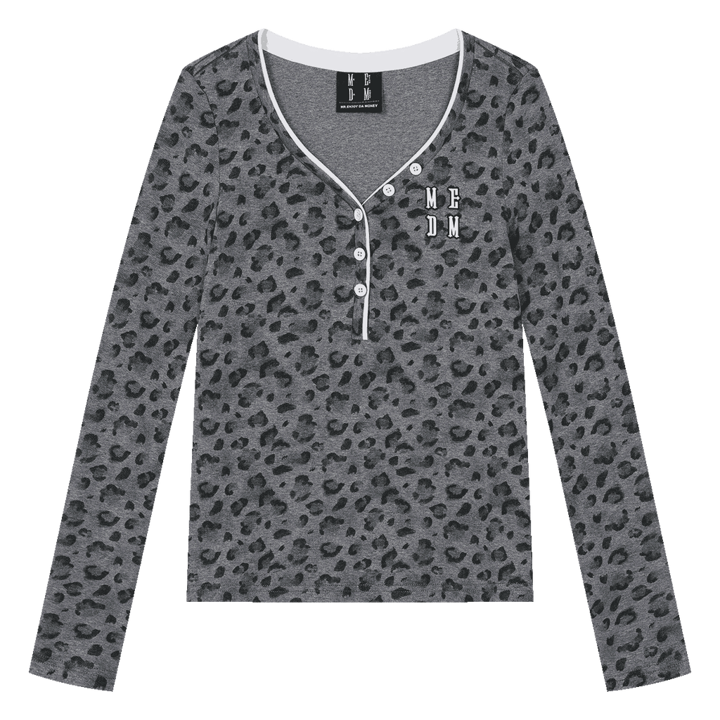 MEDM leopard print V-neck Henley casual long sleeved T-shirt for women, trendy letter printed sweet and cool top for autumn