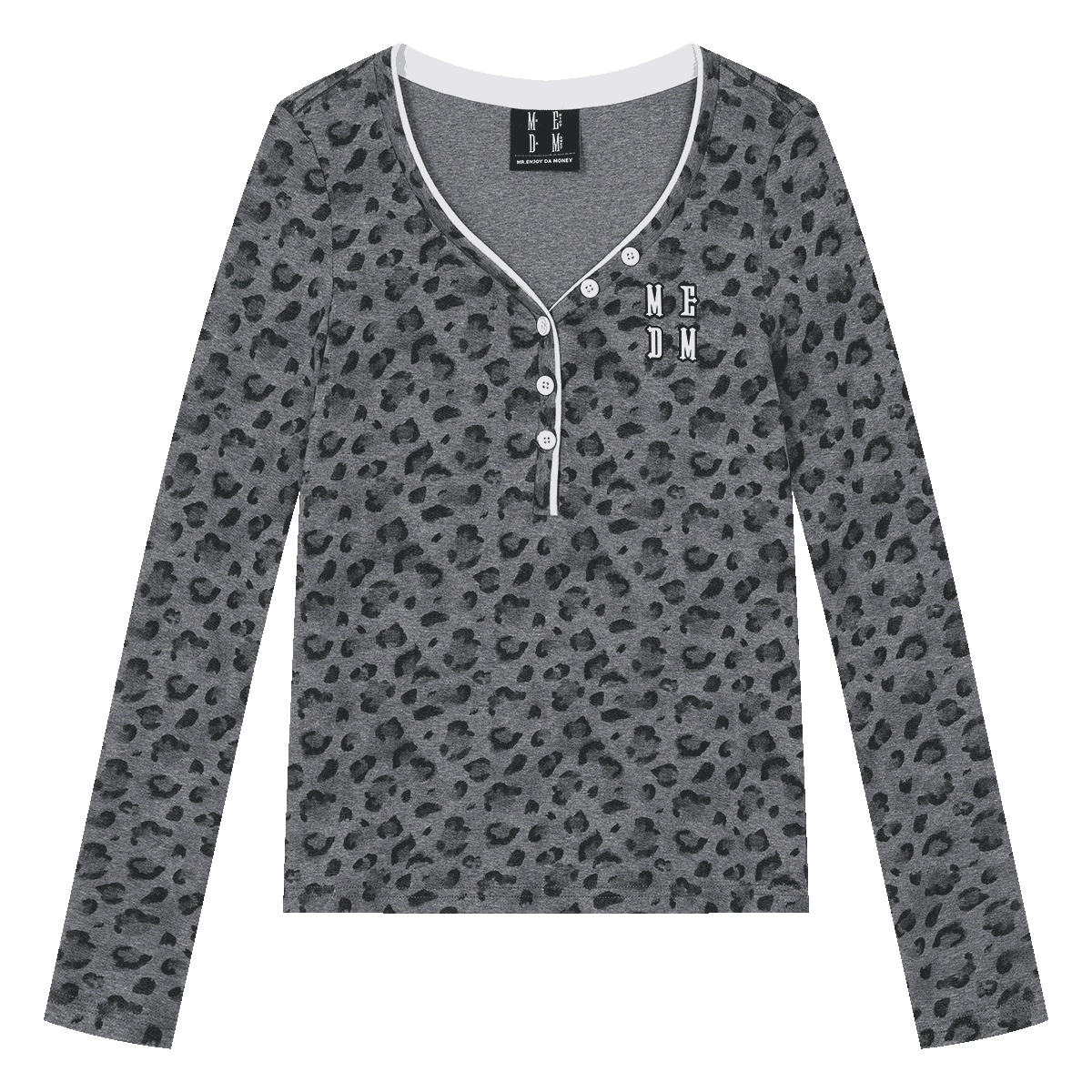 MEDM leopard print V-neck Henley casual long sleeved T-shirt for women, trendy letter printed sweet and cool top for autumn