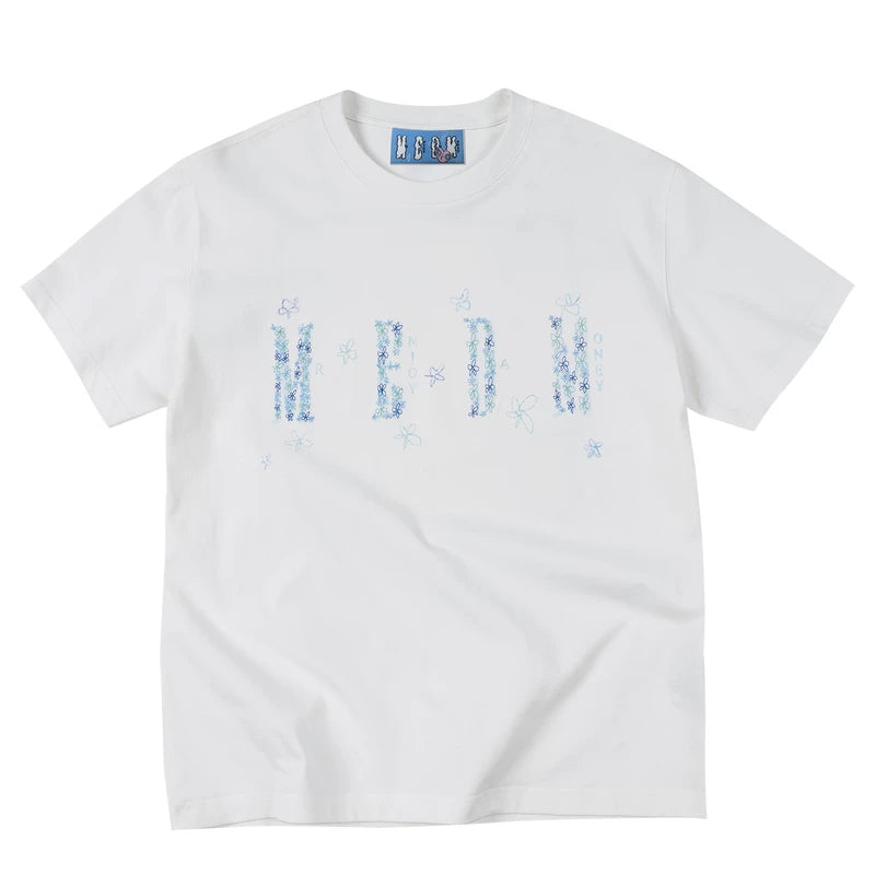 MEDM × YUY Jade Collaboration - Blue Flower Embroidered Logo Back Large Print Casual Short Sleeve Round Neck T-shirt
