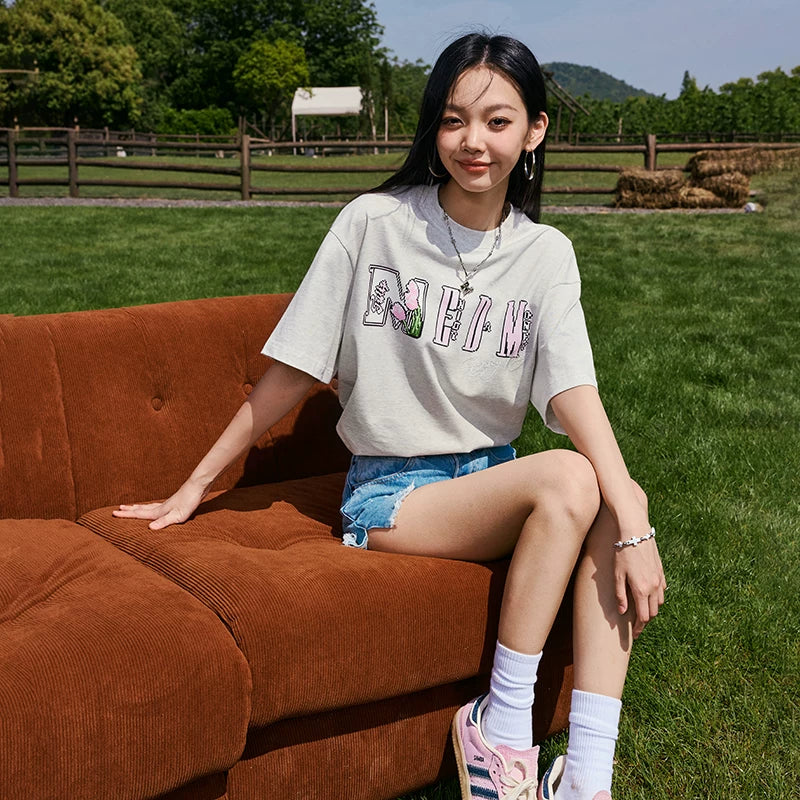 MEDM Mosaic Flower Series Short Sleeve T-shirt for Men and Women, Summer American Loose Round Neck Half Sleeve T-shirt