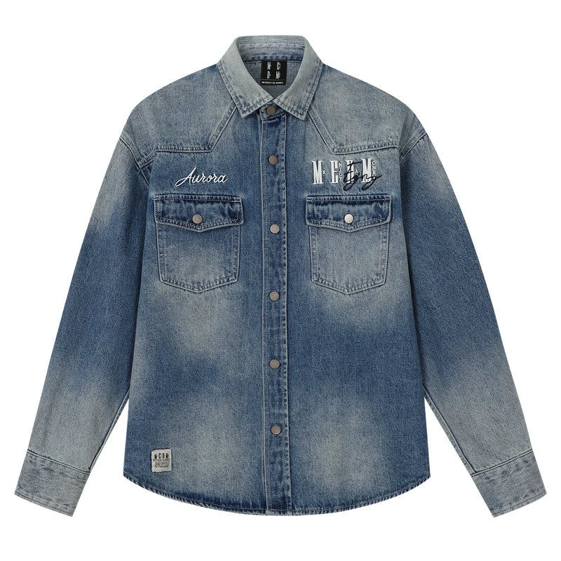 MEDM classic basic letter embroidery casual lapel washed denim jacket trendy retro handsome jacket for men