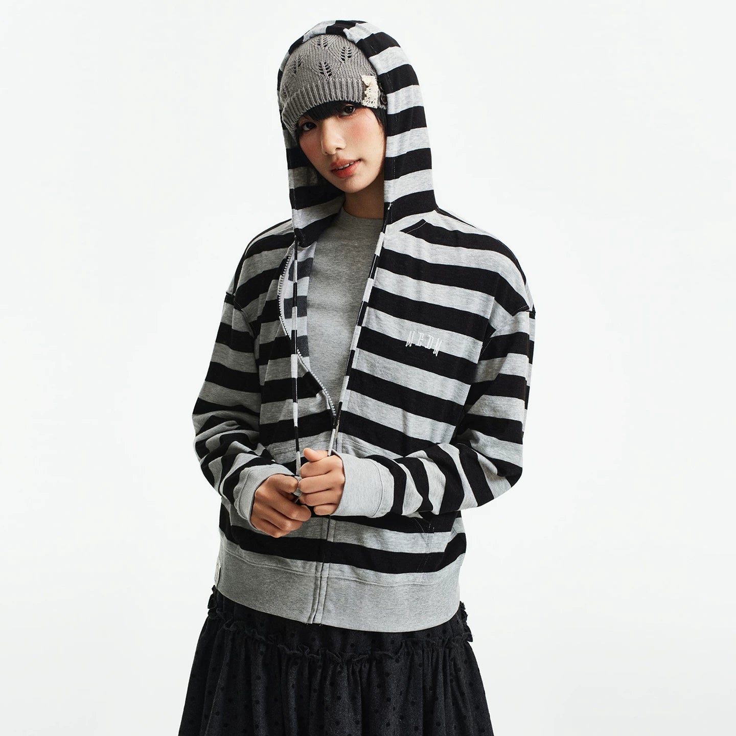 MEDM Knitted Striped Hoodie Embroidered Logo Casual Hoodie Trendy Loose Drawstring Hoodie Coat for Women