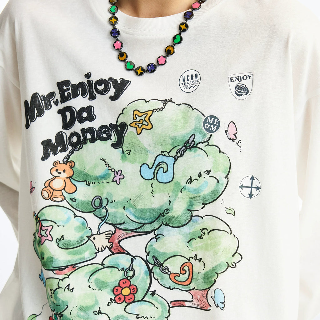 MEDM Fun Card Stickers Printed Stickers Casual Round Neck Long Sleeve T-shirt Spring/Summer Cute Style Loose Top for Men and Women