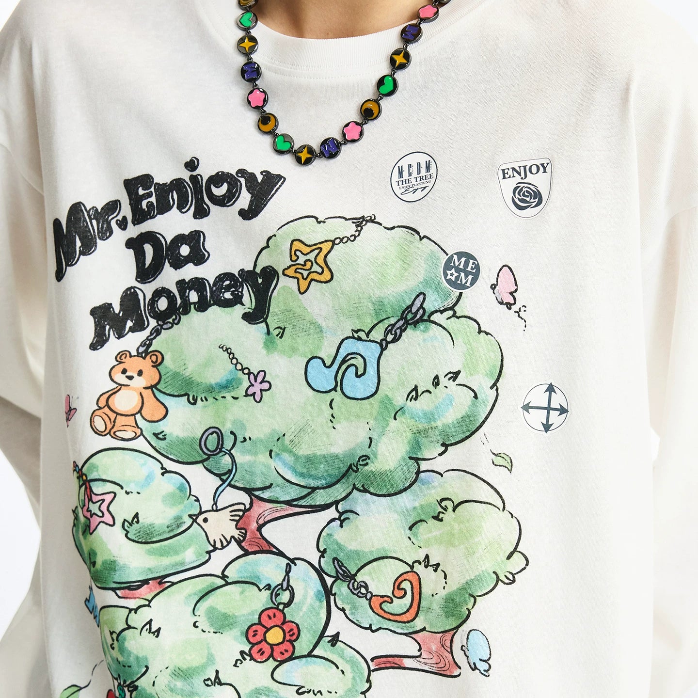 MEDM Fun Card Stickers Printed Stickers Casual Round Neck Long Sleeve T-shirt Spring/Summer Cute Style Loose Top for Men and Women