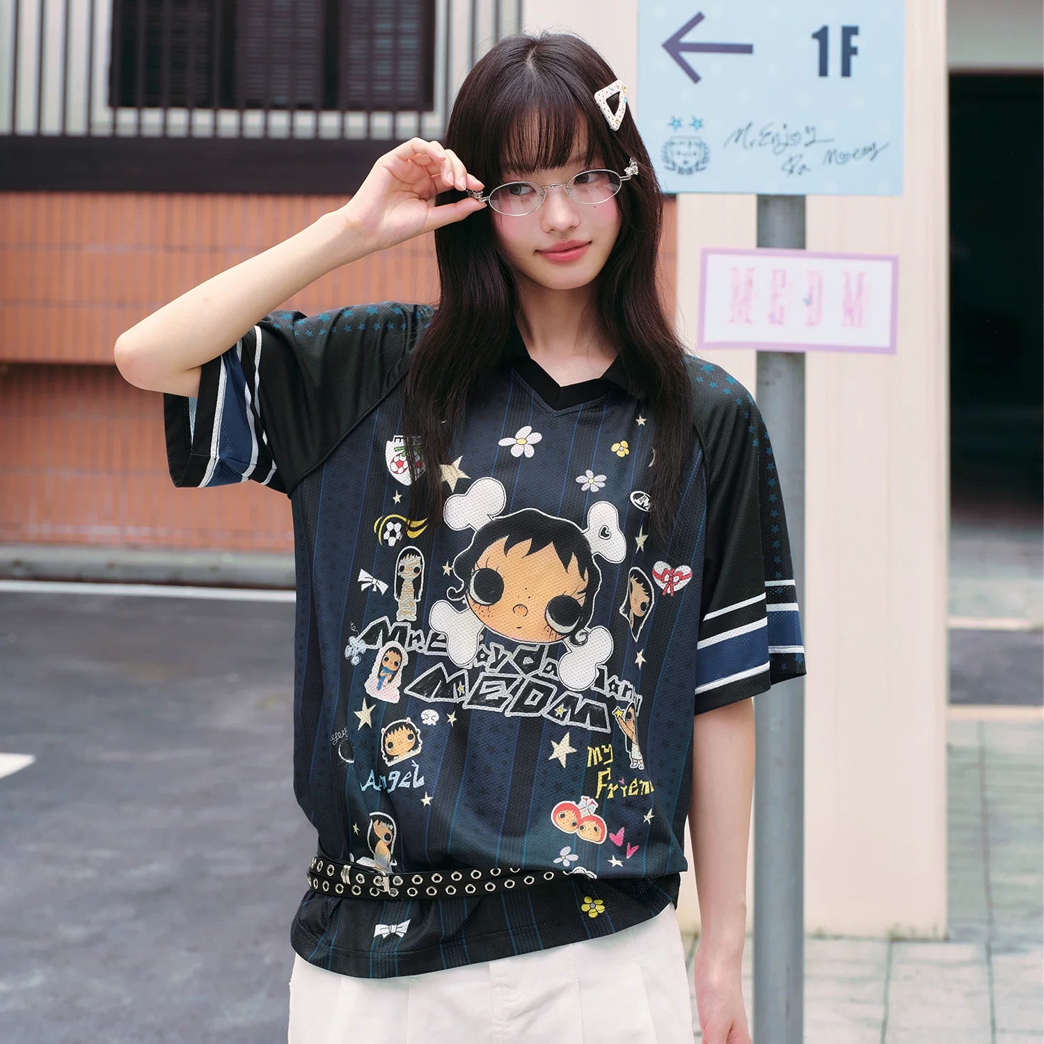 MEDM × YUY Jade Collaboration - Pattern Printed Letter Embroidered Casual Collar Jersey Short Sleeve Versatile Sweet Cool T-shirt