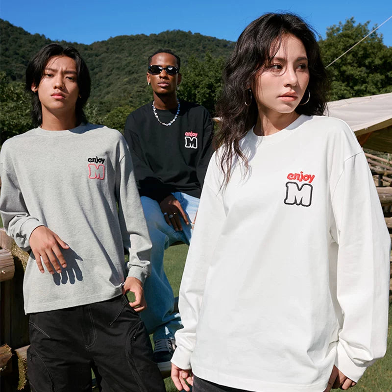 MEDM Color Contrast M Embroidery Small Label Basic Long Sleeve T-shirt Spring and Autumn Round Neck Loose Autumn Versatile Casual Base Tee