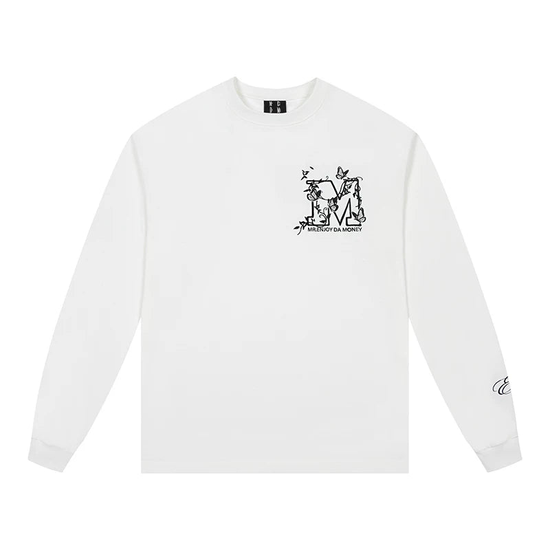 MEDM Big M Butterfly Vine Embroidered Long Sleeve T-shirt for Men in Spring and Autumn, American Retro Round Neck Loose Casual T-shirt Trendy