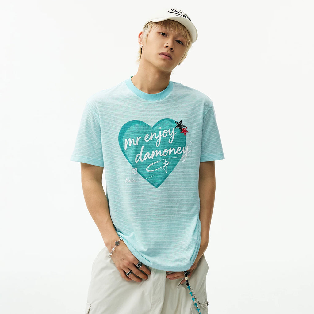 MEDM slim striped heart-shaped graffiti contrasting loose short sleeved trendy letter slim fit sweet cool slightly wide casual T-shirt