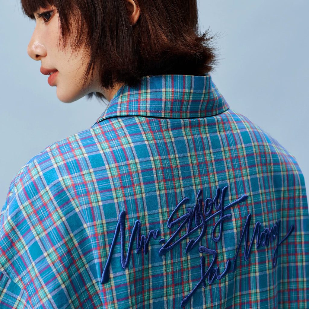 MEDM retro college style embroidered casual plaid shirt American men's and women's loose collared short sleeved plaid top