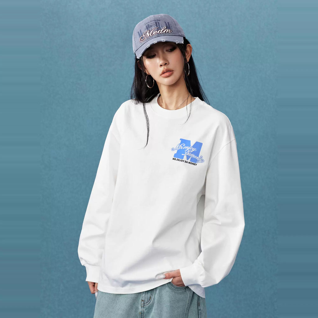 MEDM25SS basic m-floral letter printed long sleeved T-shirt for men and women, trendy brand loose casual round neck top
