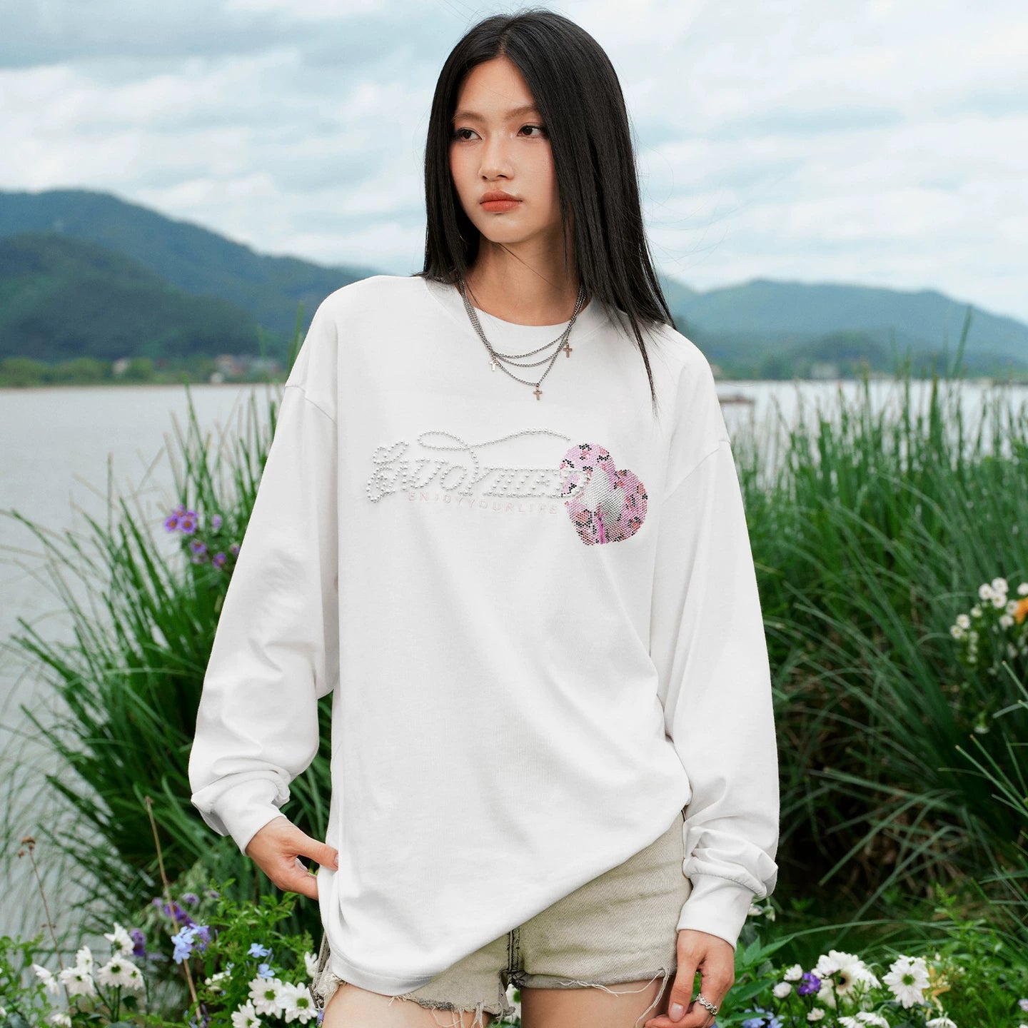 MEDM leopard print rhinestone pure cotton round neck casual long sleeved T-shirt autumn loose and simple solid color couple base shirt top