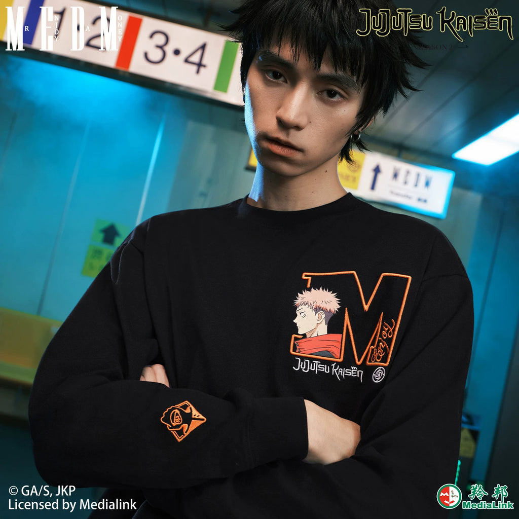 MEDM x Spell Battle Collaboration - Big M Character Avatar Embroidered Letter Casual Water Washed and Velvet Long Sleeve T-shirt for Men