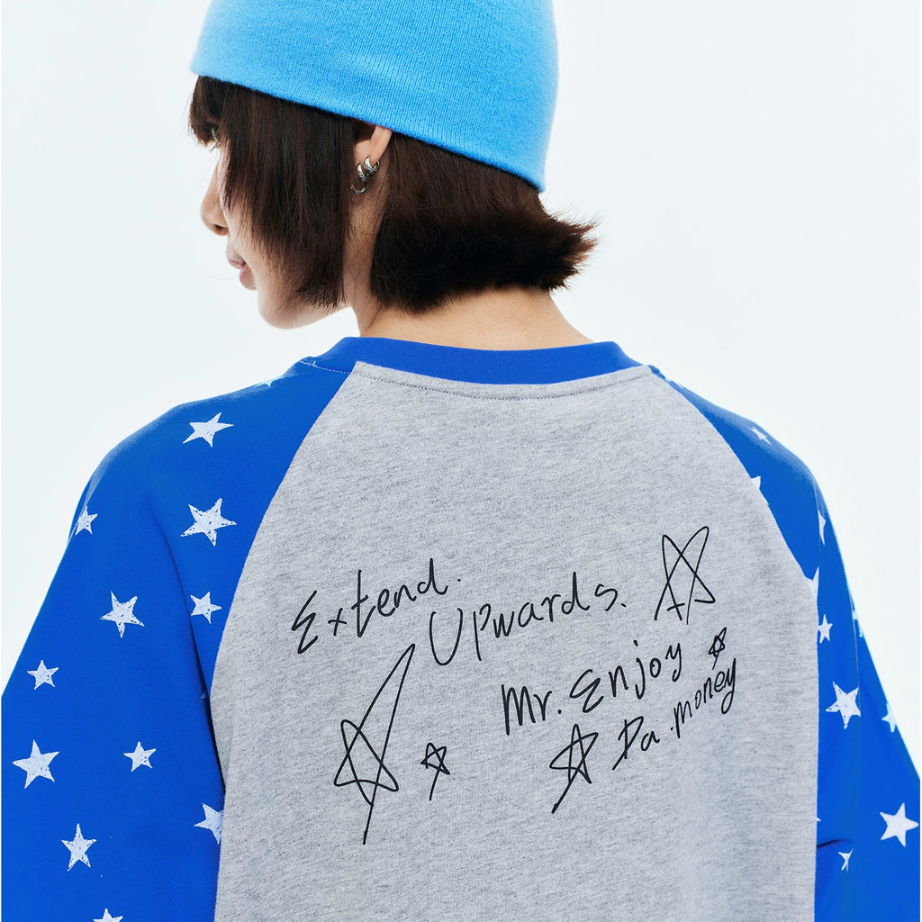 MEDM Handwritten Graffiti Printed Stars Full Print Casual Off Shoulder Short Sleeve Men's and Women's Loose Round Neck T-shirt Summer
