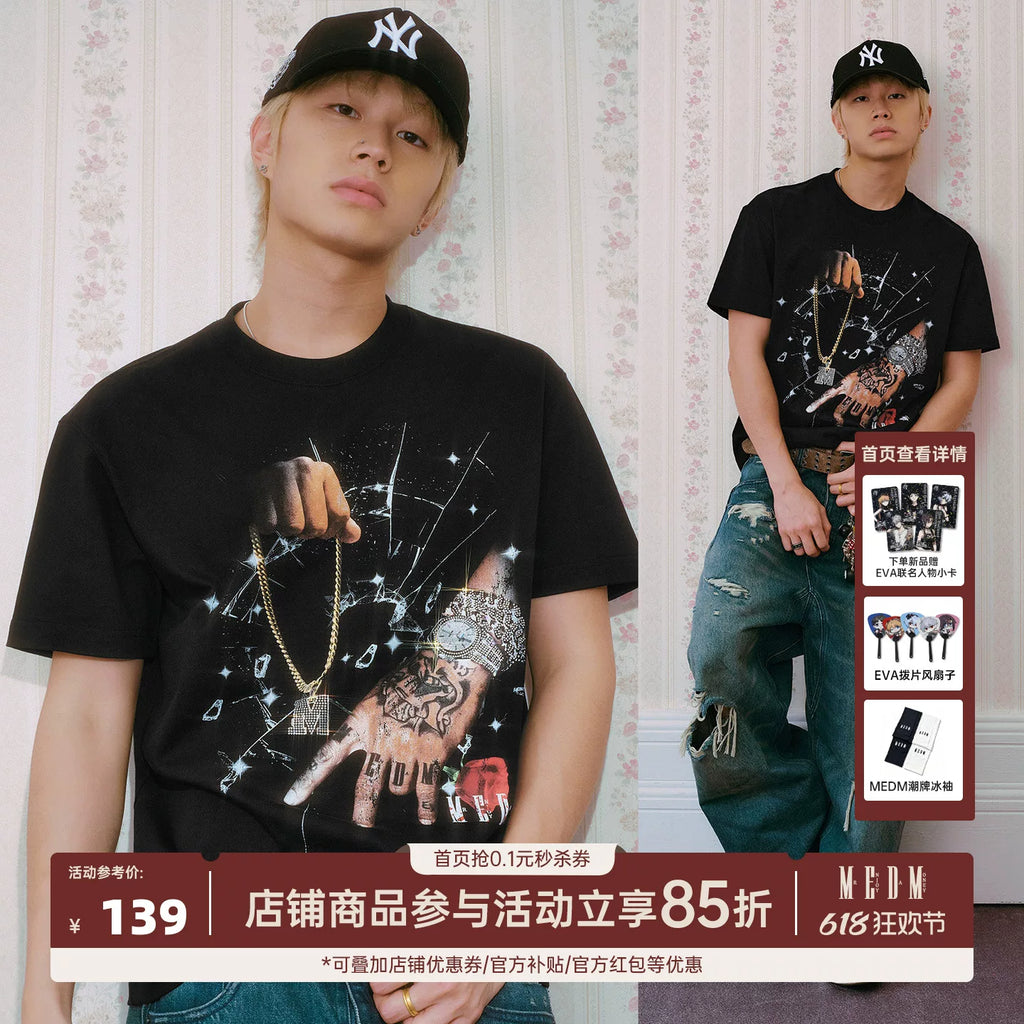 MEDM hardcore street style printed watch casual round neck T-shirt American retro hip-hop loose short sleeved summer