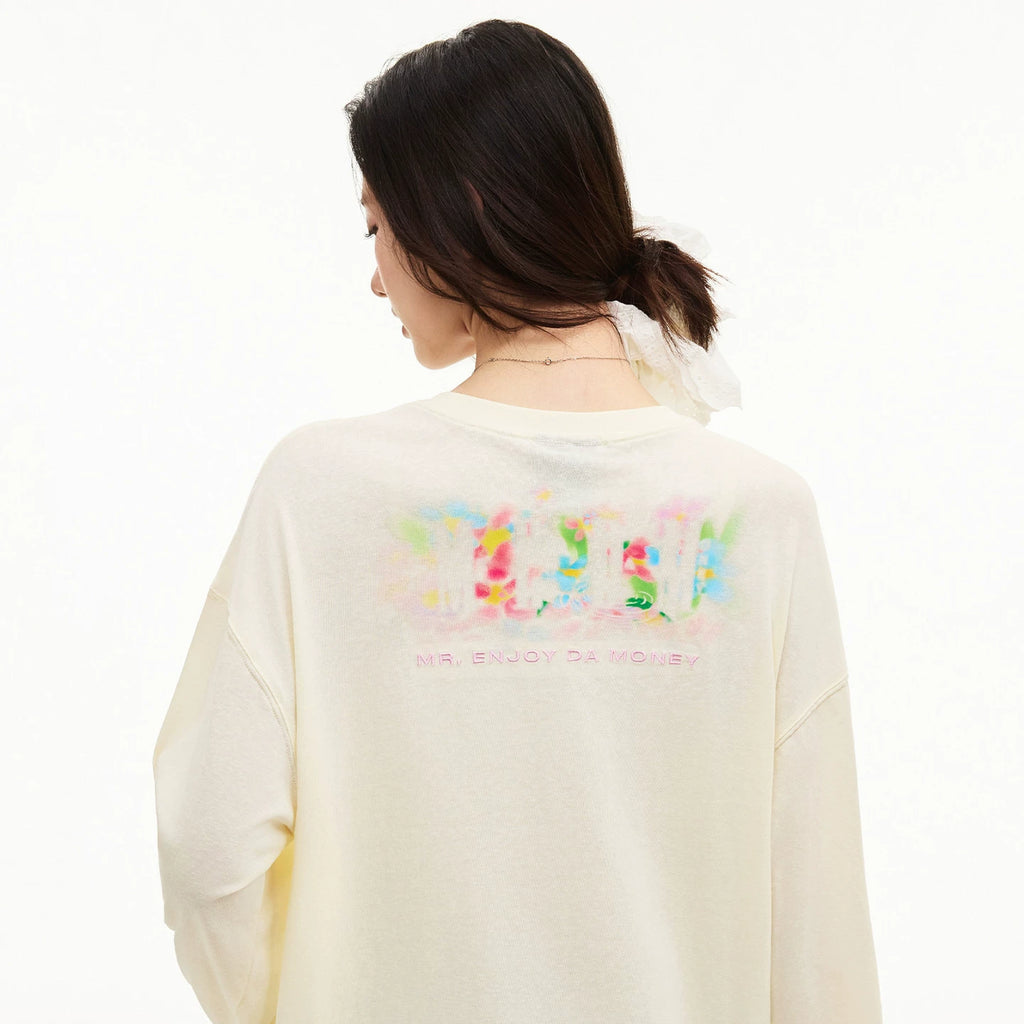 MEDM Spring Flower Shadow Printed Casual Round Neck Hoodie Long Sleeve T-shirt 26 New Breathable and Versatile Loose Top for Women