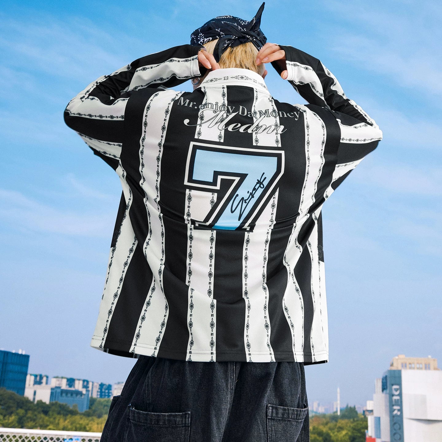 MEDM contrasting striped patchwork casual jersey long sleeved T-shirt American commuter couple loose collar top for spring and autumn