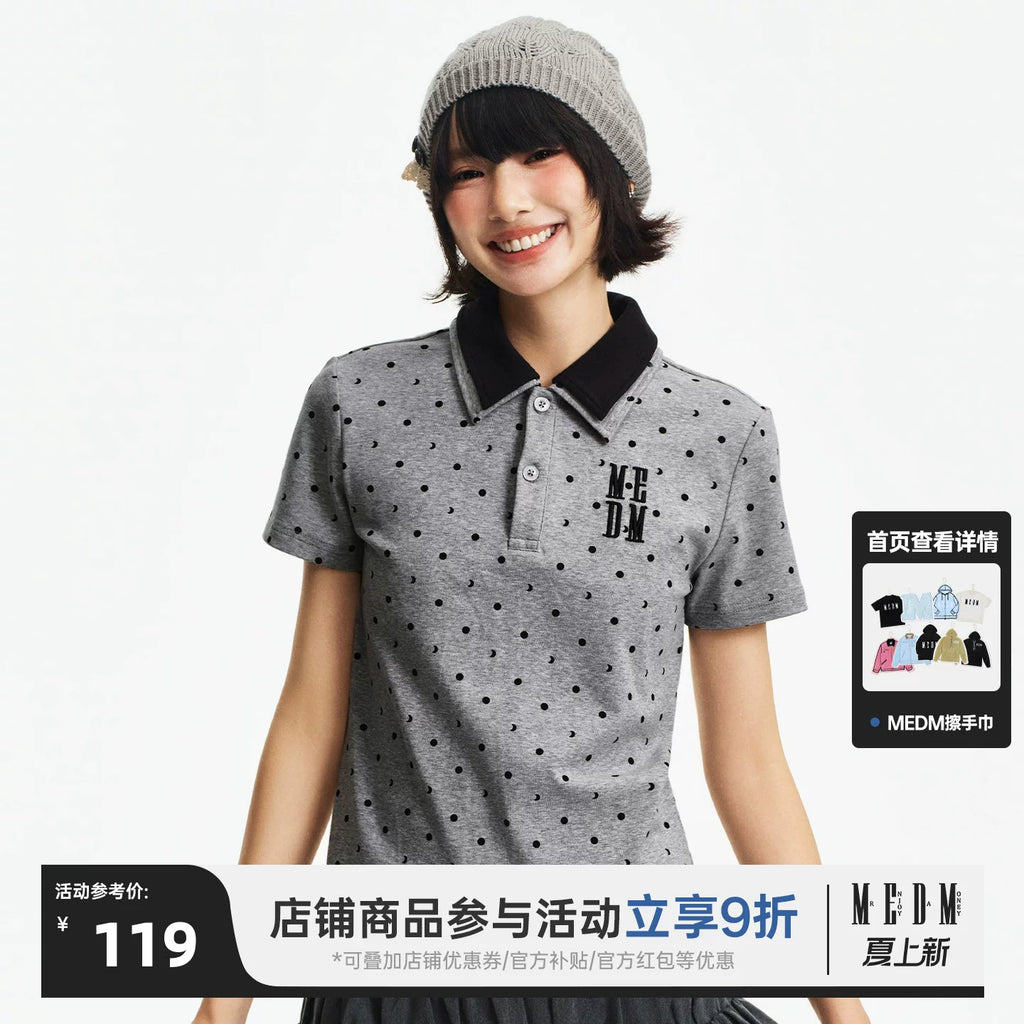 MEDM fake two piece polka dot embroidery loose collar short sleeved summer new retro college style casual T-shirt for women