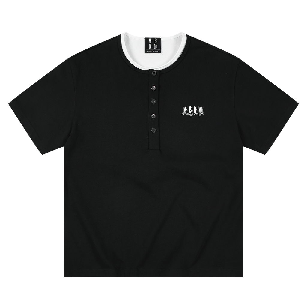 MEDM fake two Henry collar embroidered logo relaxed casual T-shirt simple and versatile breathable loose short sleeved men