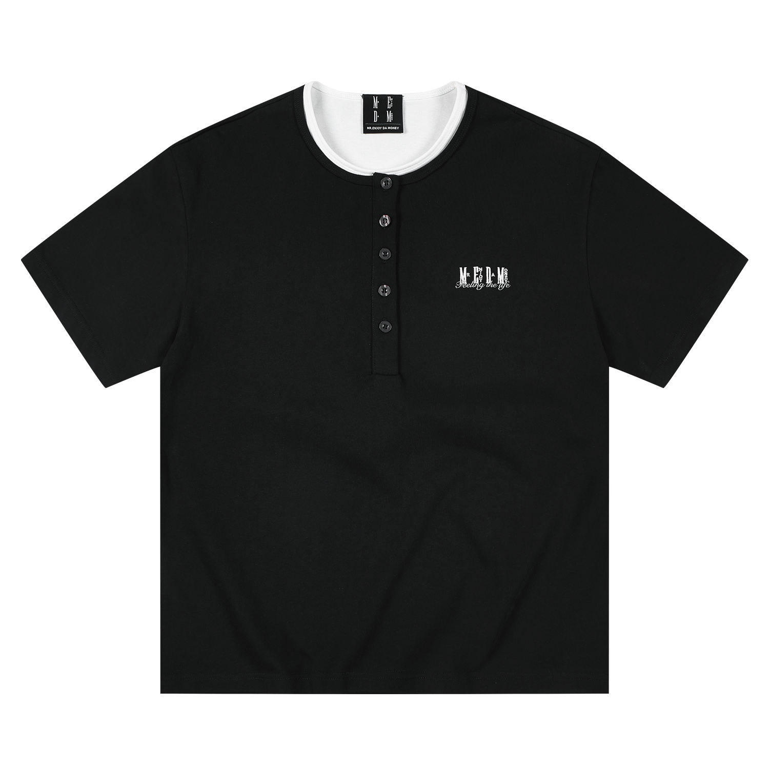 MEDM fake two Henry collar embroidered logo relaxed casual T-shirt simple and versatile breathable loose short sleeved men