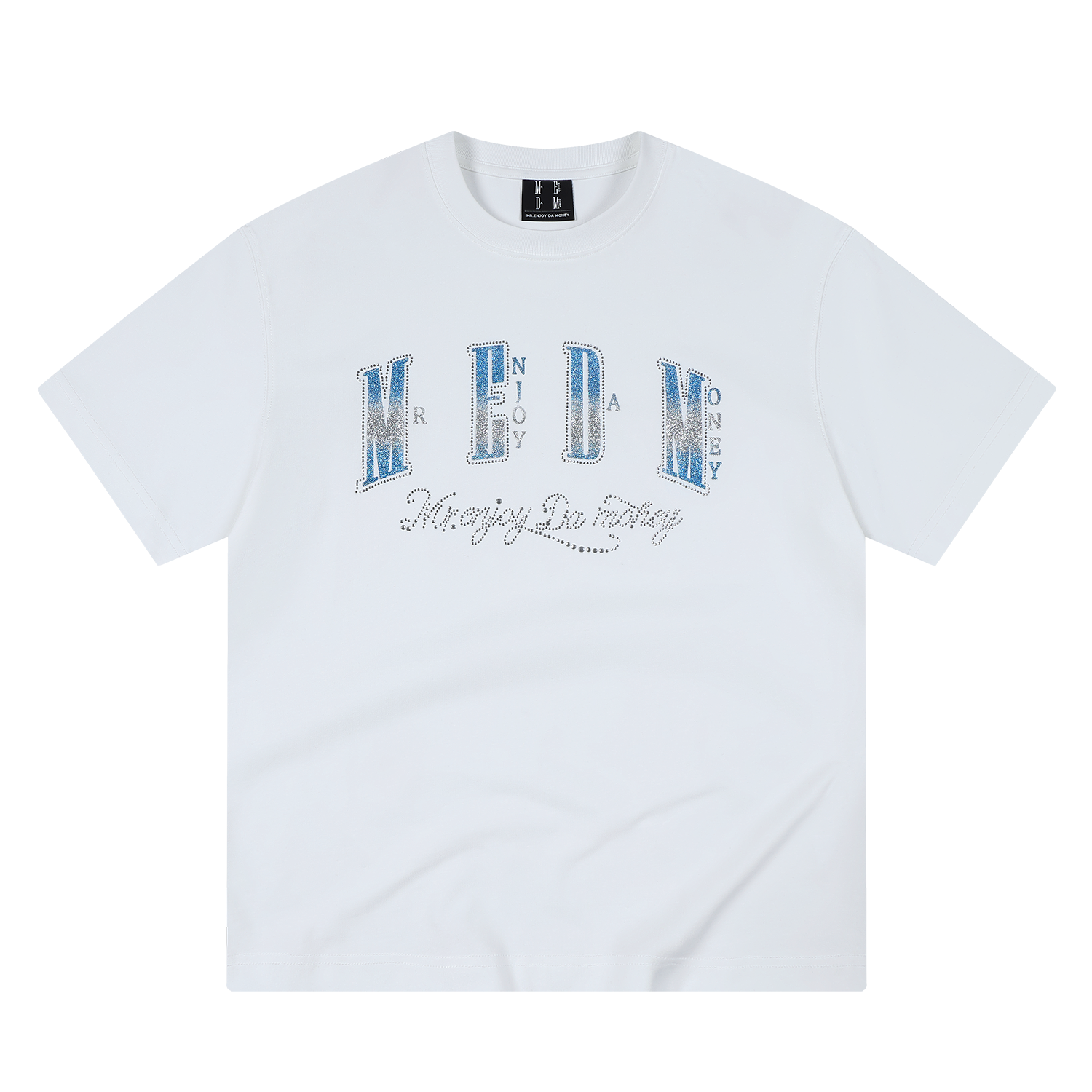MEDM Sparkling Pink Printed Border Hot Diamond Logo Casual Round Neck Short Sleeve American High Street Cotton Loose Couple T-shirt