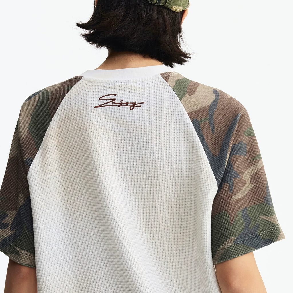 MEDM Waffle Camouflage Patch Logo Shoulder Insertion Casual Round Neck Short Sleeve Retro Vintage Vintage Loose Men's and Women's T-shirt Summer