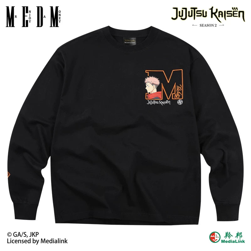 MEDM x Spell Battle Collaboration - Big M Character Avatar Embroidered Letter Casual Water Washed and Velvet Long Sleeve T-shirt for Men