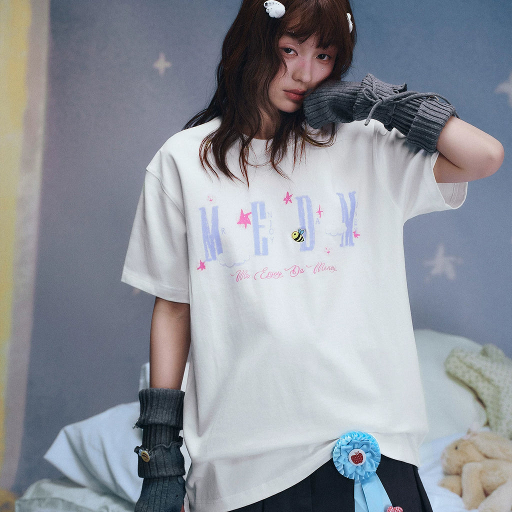 MEDM x Iria mailbox collaboration cloud digital print glitter logo short sleeved casual round neck T-shirt for women summer