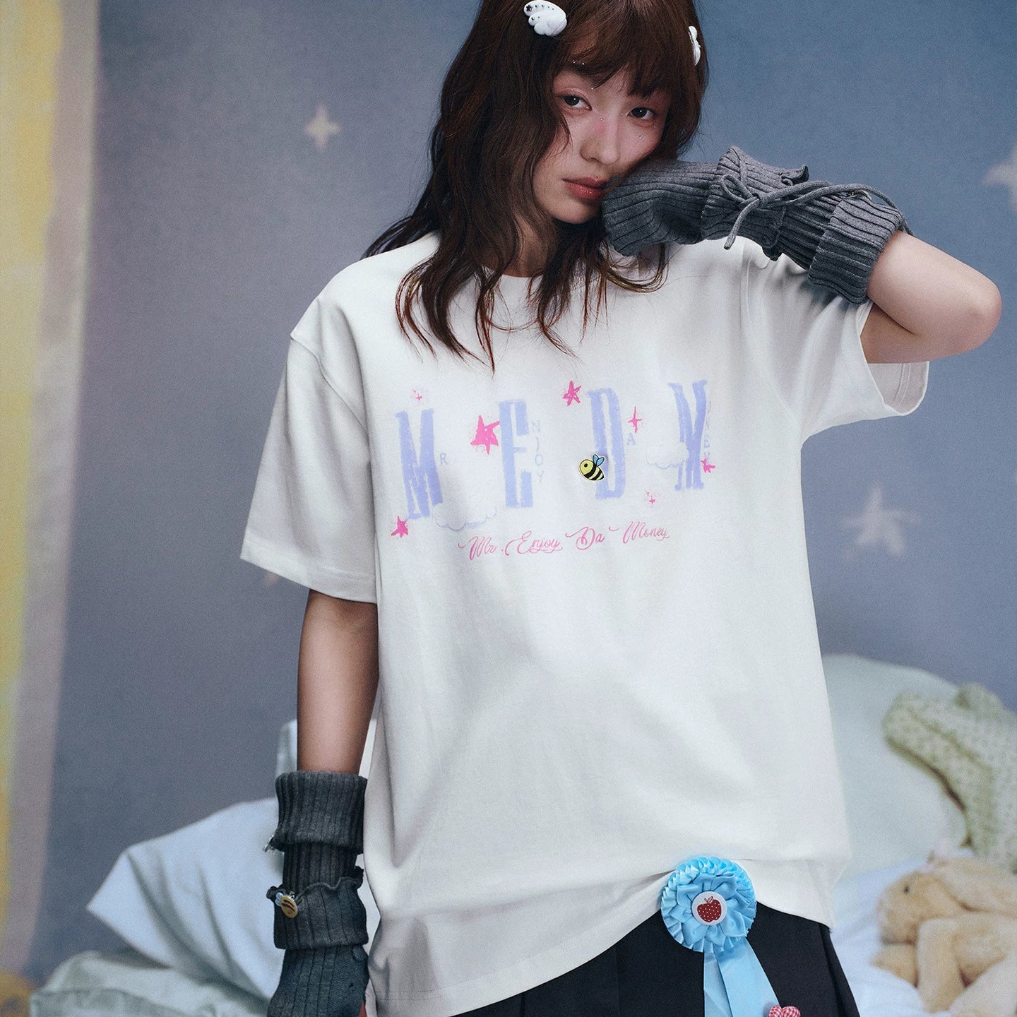 MEDM x Iria mailbox collaboration cloud digital print glitter logo short sleeved casual round neck T-shirt for women summer