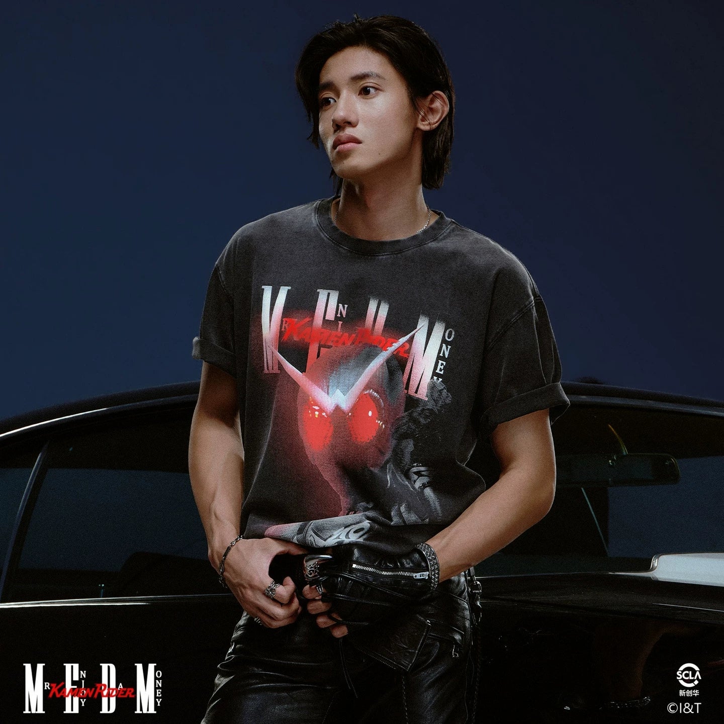 MEDMx Kamen Rider Collaboration - Half body Printed Cotton Washed Outdated Casual Short Sleeve Men's Round Neck T-shirt