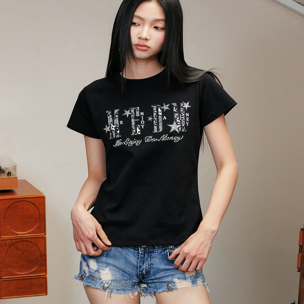 MEDM26SS Star Burst Lace Patch Short Sleeve Men's American Hip Hop Summer T-shirt Women's Casual Couple Tee