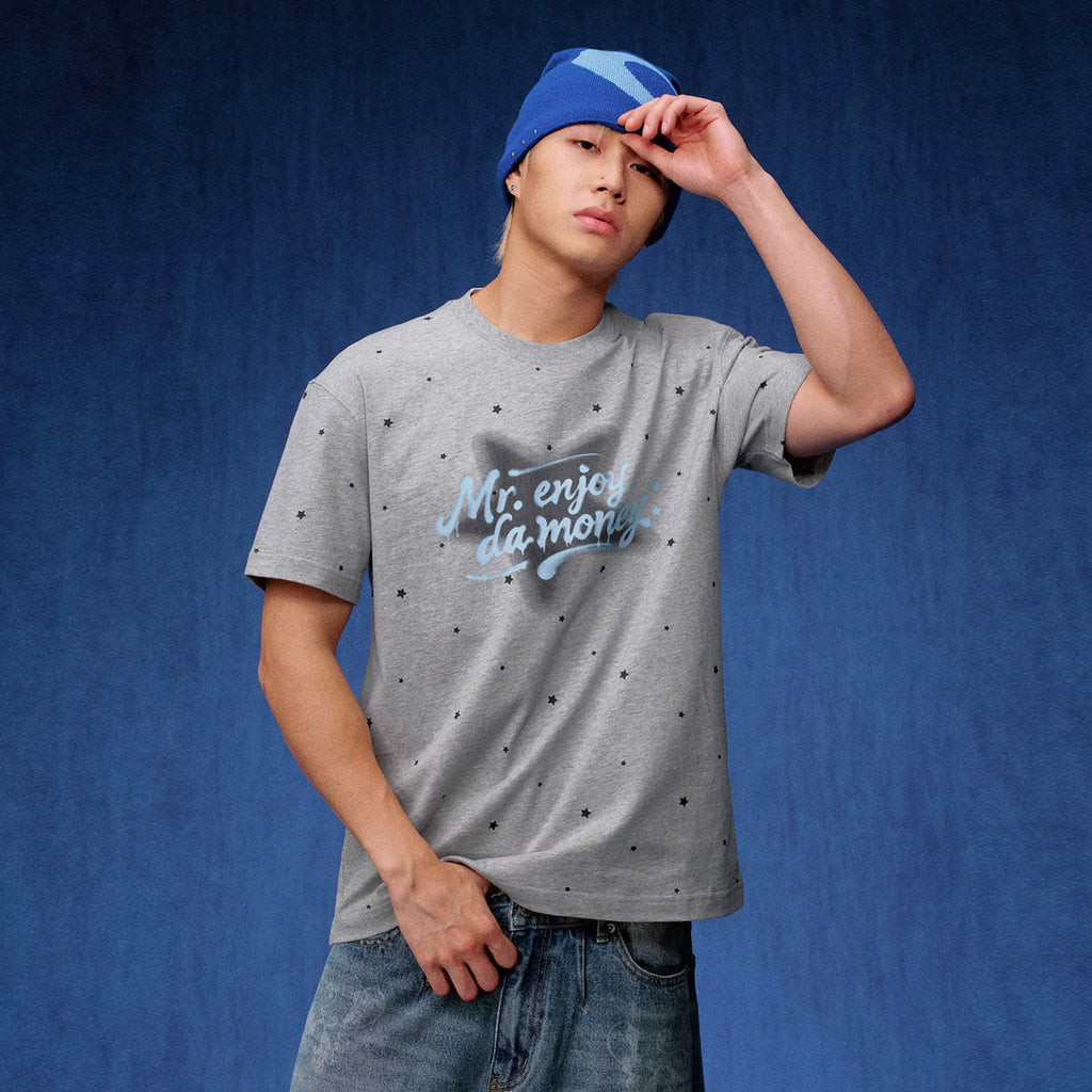 MEDM Full Star Wave Dot Color Hand drawn Word T-shirt Trendy Versatile Sweet Cool Style Casual Round Neck Short Sleeve Men and Women