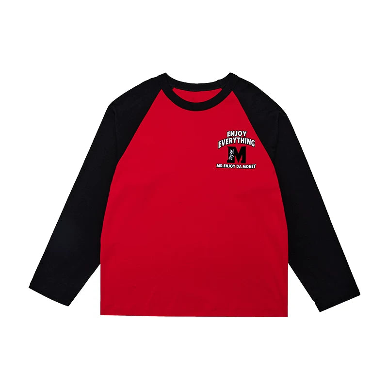 MEDM fashion brand basic color blocking electrostatic flocking long sleeved T-shirt for men's autumn hip-hop raglan sleeve T-shirt base
