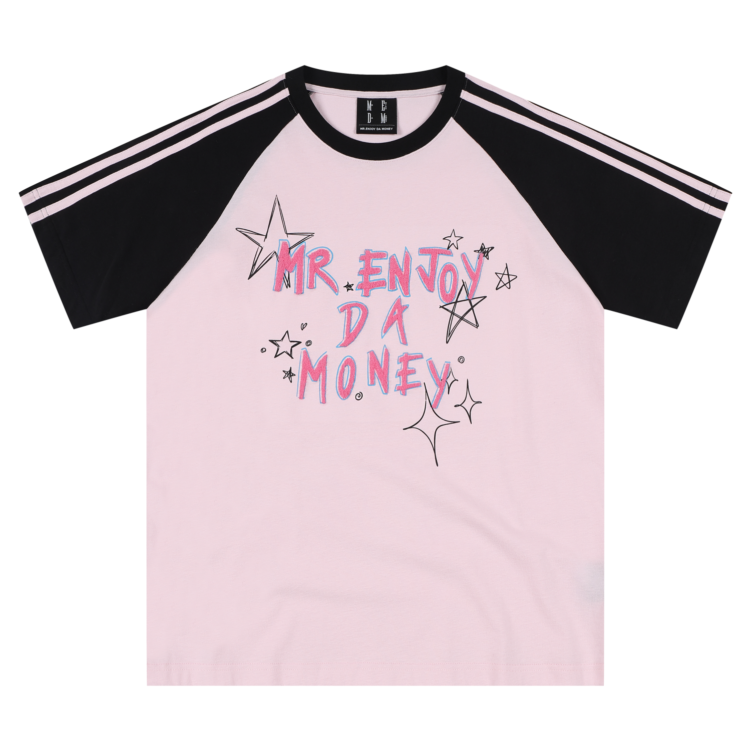 MEDM contrasting graffiti raglan sleeve striped casual T-shirt American street retro ribbed round neck couple short sleeved summer