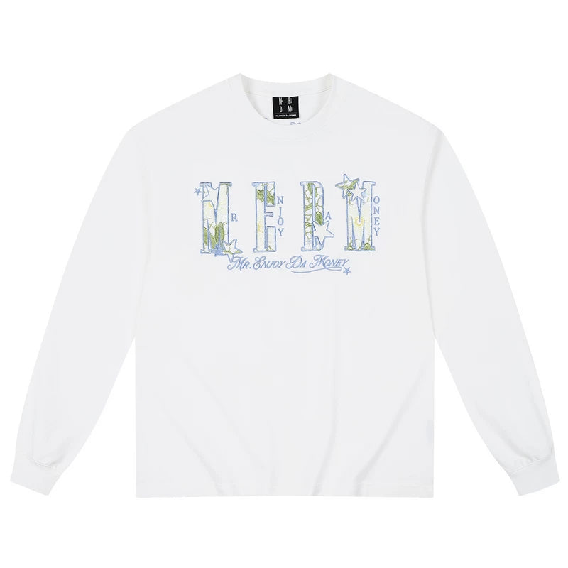 MEDM letter hollowed out flower patch casual long sleeved T-shirt simple and versatile commuting round neck couple top for spring and autumn