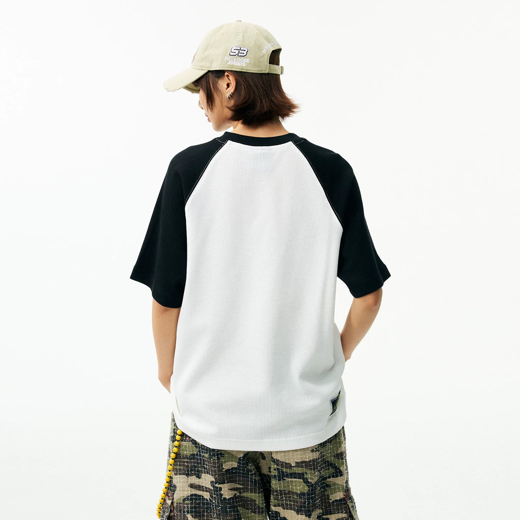 MEDM textured Waffle raglan sleeves, comfortable and breathable loose T-shirt, trendy commuting, contrasting colors, casual short sleeved summer