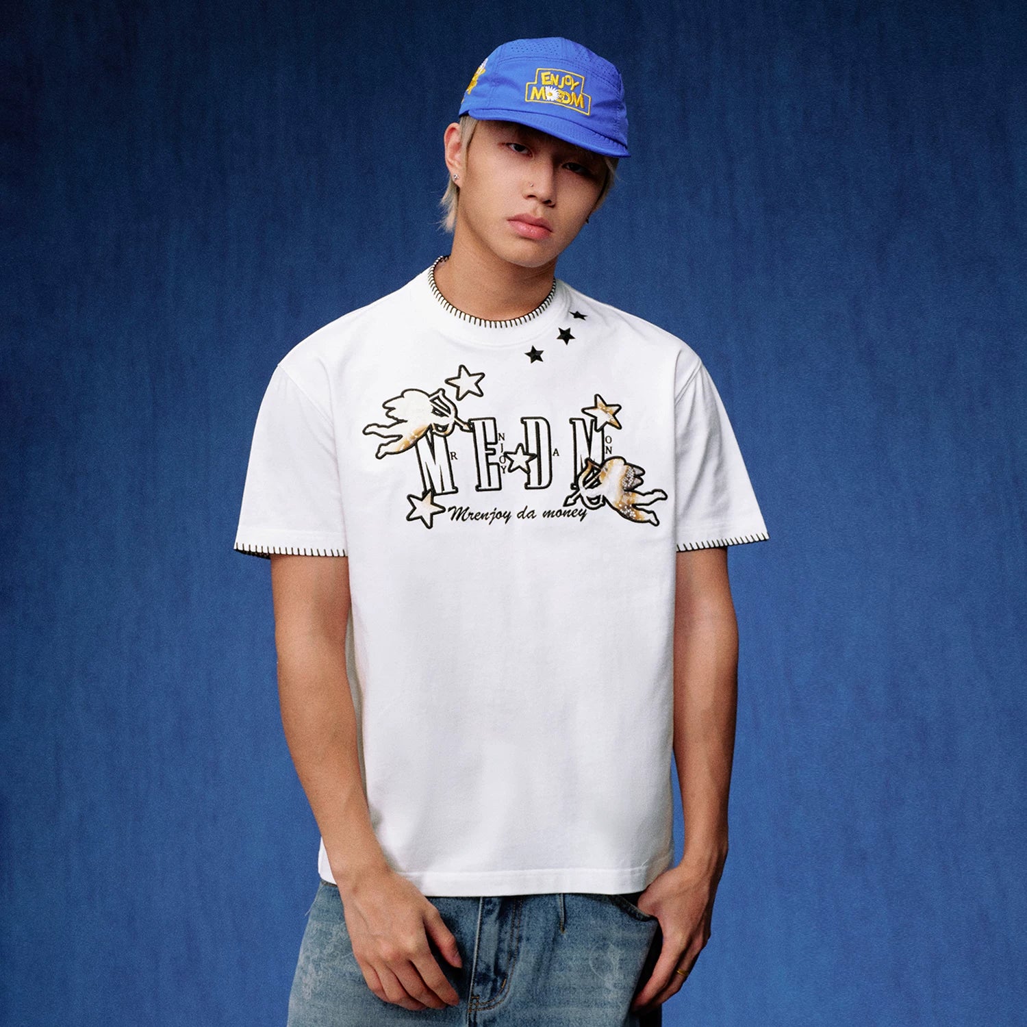 MEDM lace little angel logo embroidered patch casual round neck short sleeved trendy versatile loose couple T-shirt summer