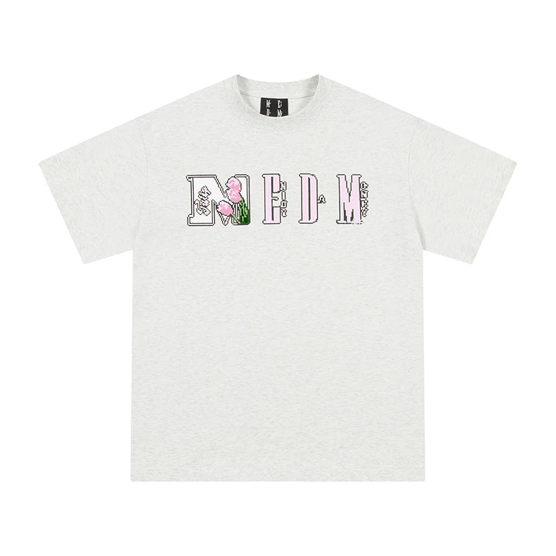 MEDM Mosaic Flower Series Short Sleeve T-shirt for Men and Women, Summer American Loose Round Neck Half Sleeve T-shirt