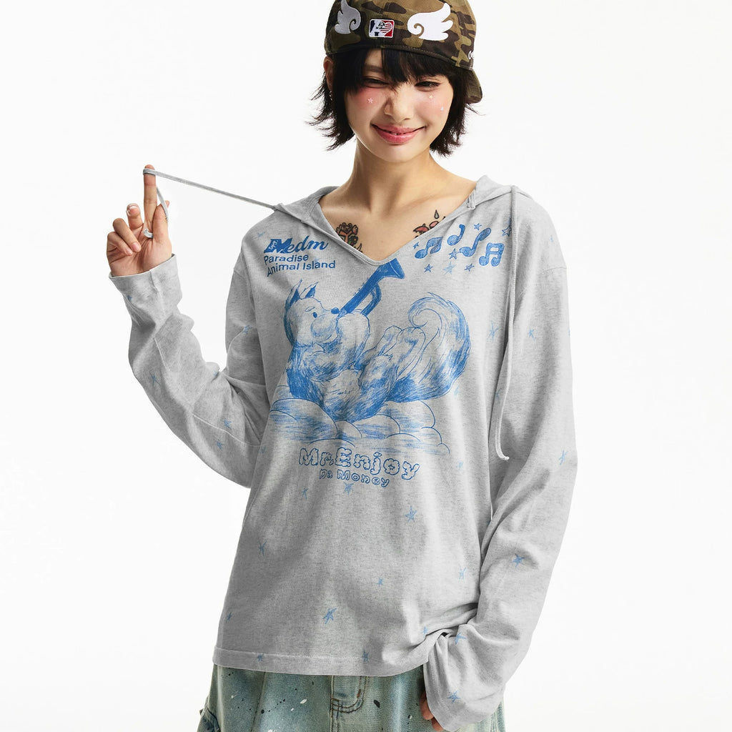 MEDM playing instrument angel dog pattern printed lightweight casual hooded T-shirt cute style top for women