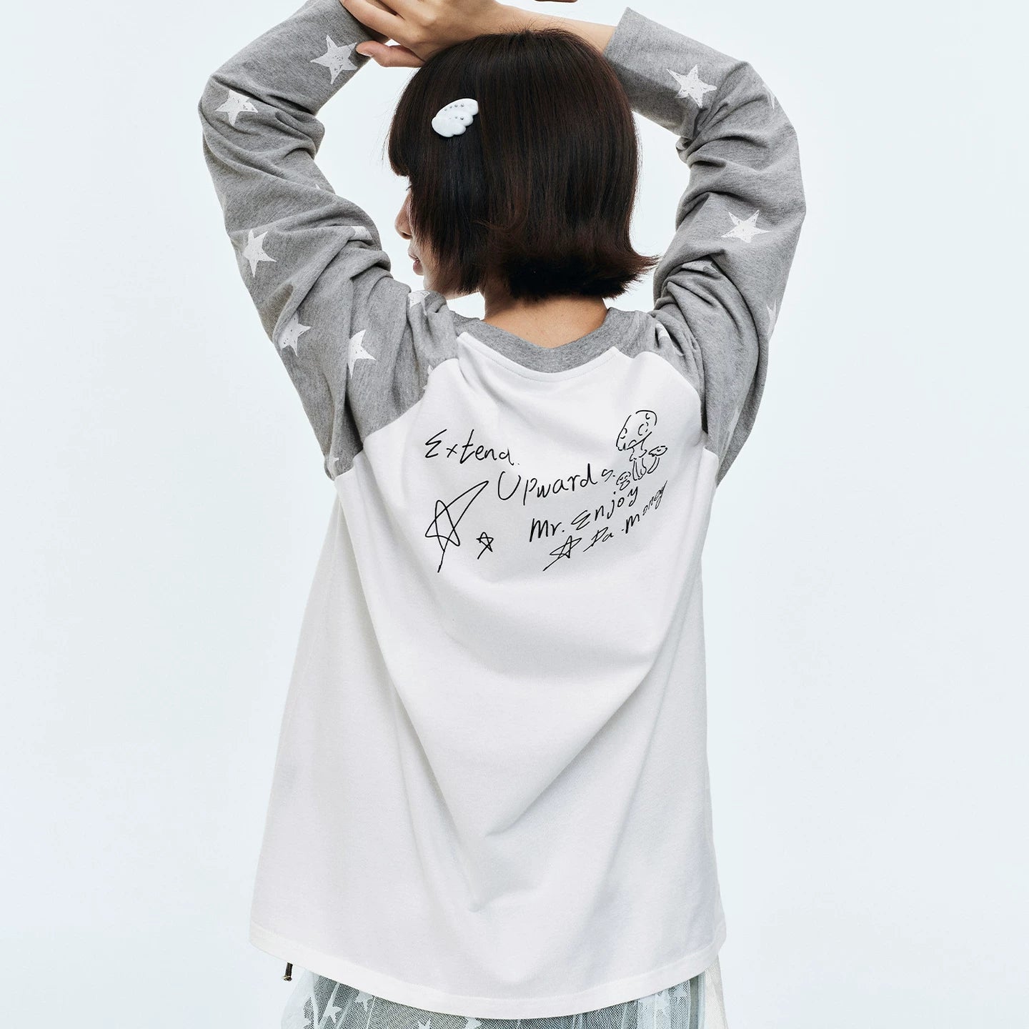 MEDM Handwritten Graffiti Printed Stars Full Print Casual Shoulder Long Sleeve T-shirt Trendy Unisex Loose Top