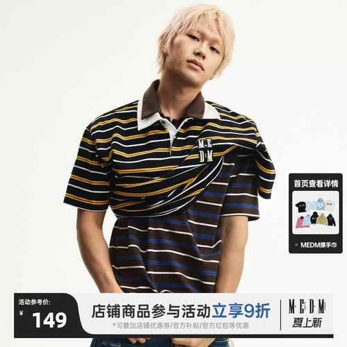 MEDM color blocked striped polo three-dimensional shell embroidery casual round neck short sleeved classic design loose couple T-shirt